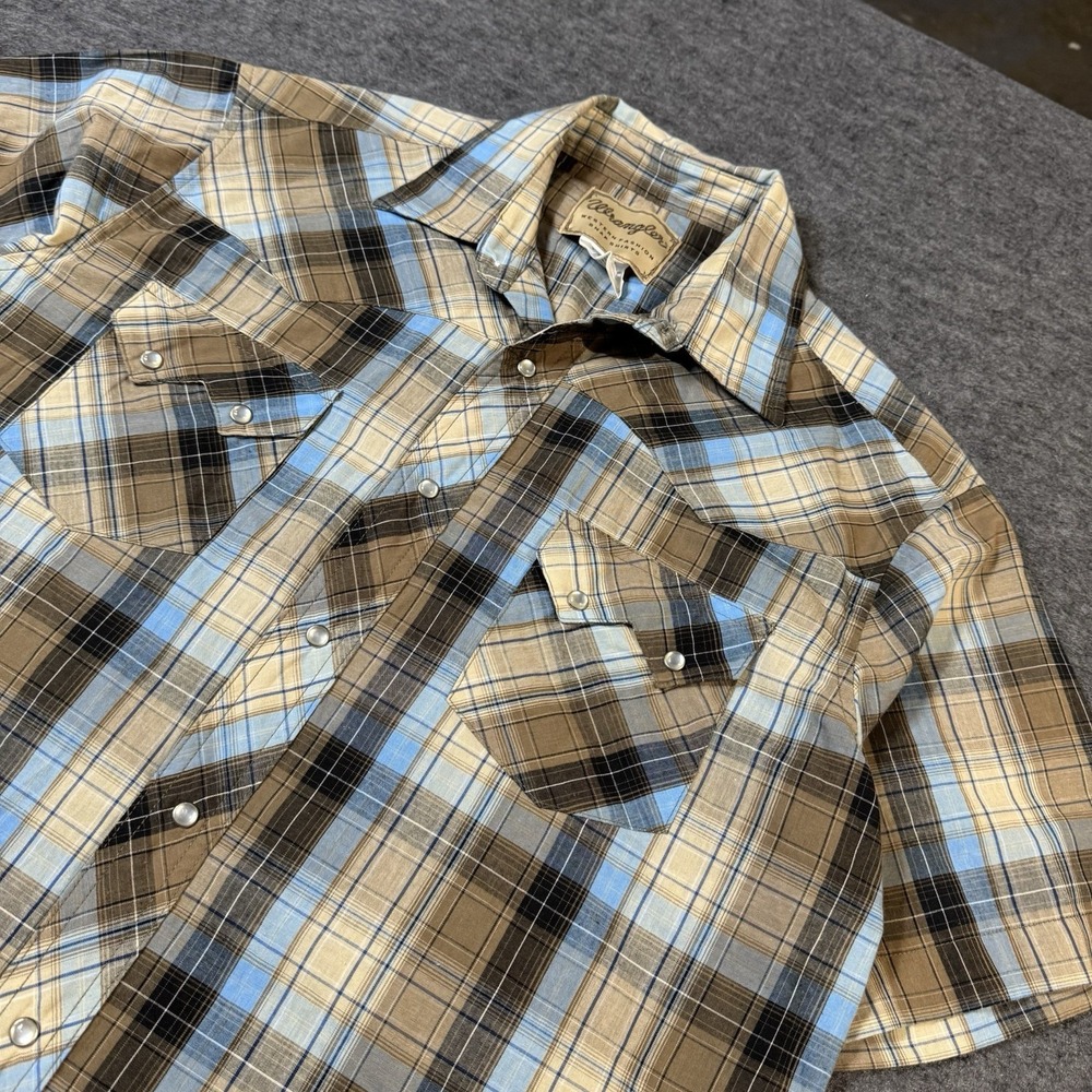 Wrangler Western Shirt Mens Large Brown Plaid Pearl Snap Short Sleeve Cowboy Top - Picture 2 of 6
